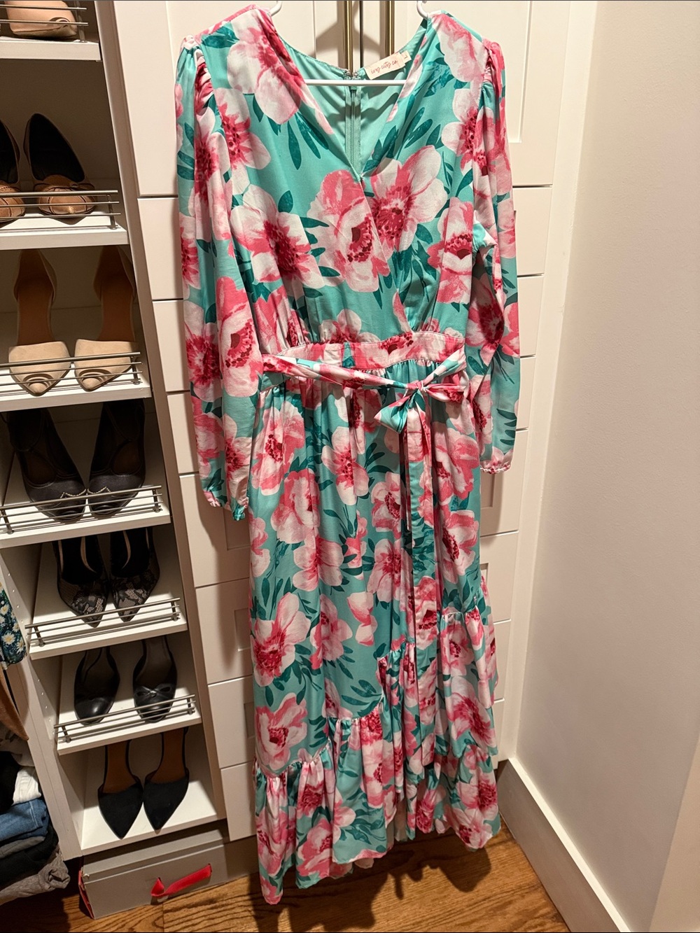 Floral Wrap Maxi Dress in Aqua and Pink-Ivy City size large